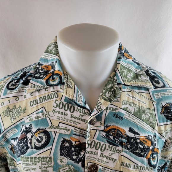 Dem Crazy Shirt Mens Medium Blue Button Up Camp Motorcycle Road Trip Travel - Picture 2 of 6